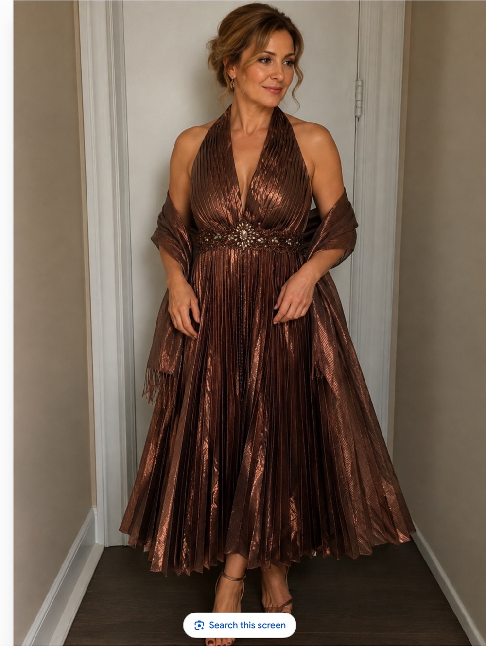 Bronze Halter Pleated Midi Dress with Jeweled Waist and matching scarf